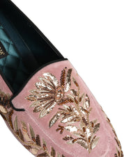 Pink Velvet Floral Embroidery Loafers Shoes