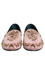 Pink Velvet Floral Embroidery Loafers Shoes