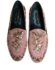 Pink Velvet Floral Embroidery Loafers Shoes