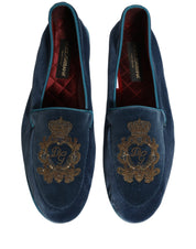 Blue Velvet Crown Embroidery Loafers Shoes