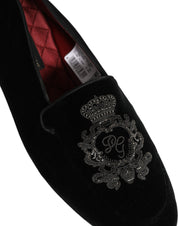 Black Velvet Crown Embroidery Loafers Shoes