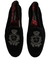 Black Velvet Crown Embroidery Loafers Shoes