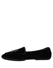 Black Velvet Crown Embroidery Loafers Shoes