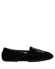 Dolce & Gabbana Black Velvet Crown Embroidery Loafers Shoes