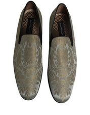 Gold Floral Jacquard Slip On Loafers Shoes