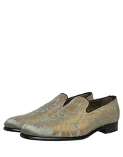 Gold Floral Jacquard Slip On Loafers Shoes