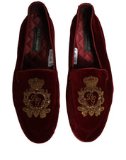 Maroon Velvet Crown Embroidery Loafers Shoes