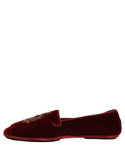 Maroon Velvet Crown Embroidery Loafers Shoes