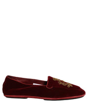 Maroon Velvet Crown Embroidery Loafers Shoes