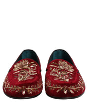Red Velvet Floral Embroidery Loafers Shoes