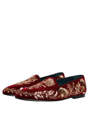 Red Velvet Floral Embroidery Loafers Shoes