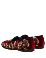Red Velvet Floral Embroidery Loafers Shoes