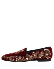 Red Velvet Floral Embroidery Loafers Shoes