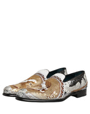 White Gold Sequined Slip On Loafers Shoes