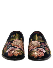 Black Velvet Floral Embroidery Loafers Shoes