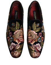 Black Velvet Floral Embroidery Loafers Shoes