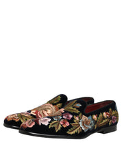 Black Velvet Floral Embroidery Loafers Shoes