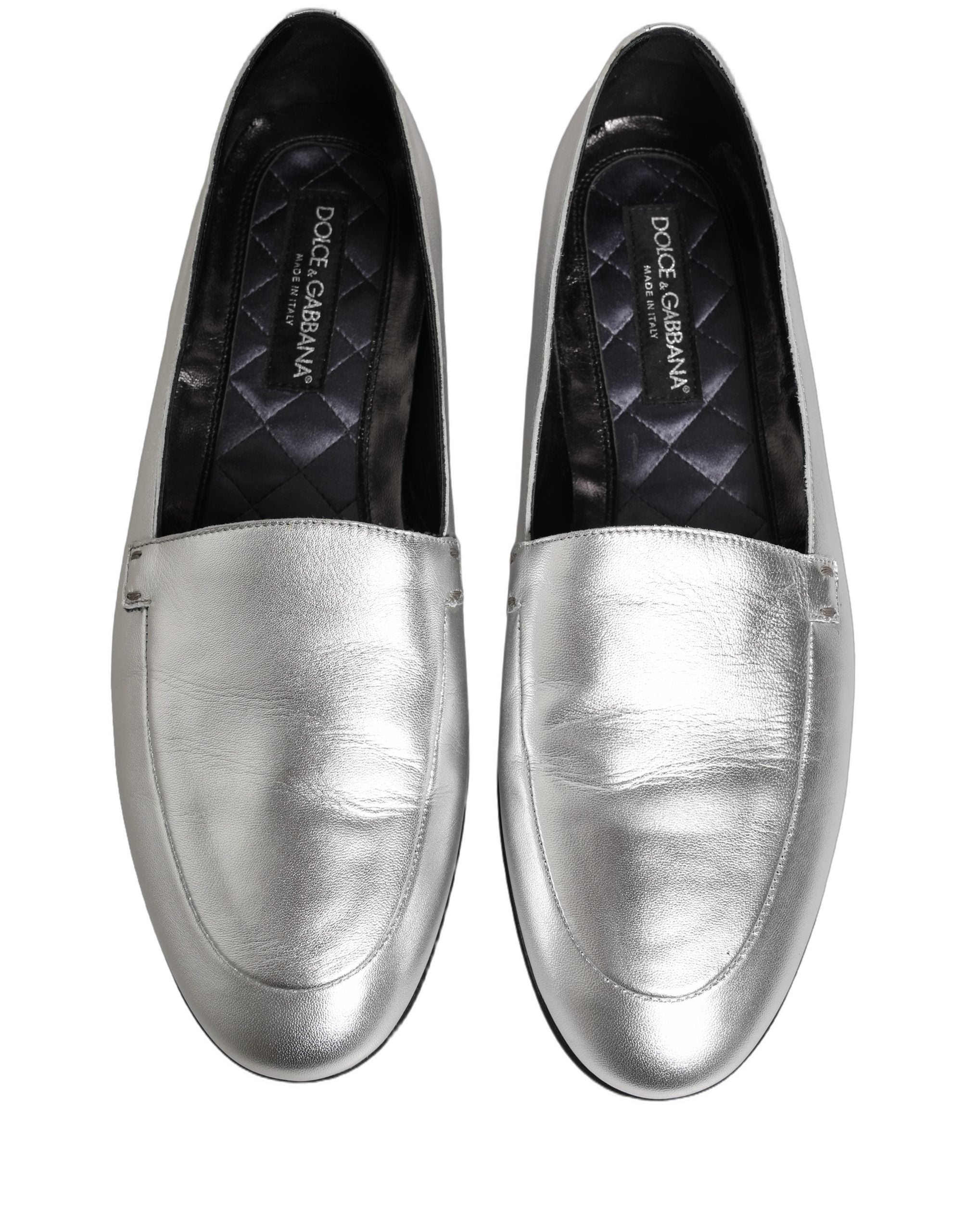 Dolce & Gabbana Silver Leather DG Logo Slip On Loafers Shoes Dolce & Gabbana
