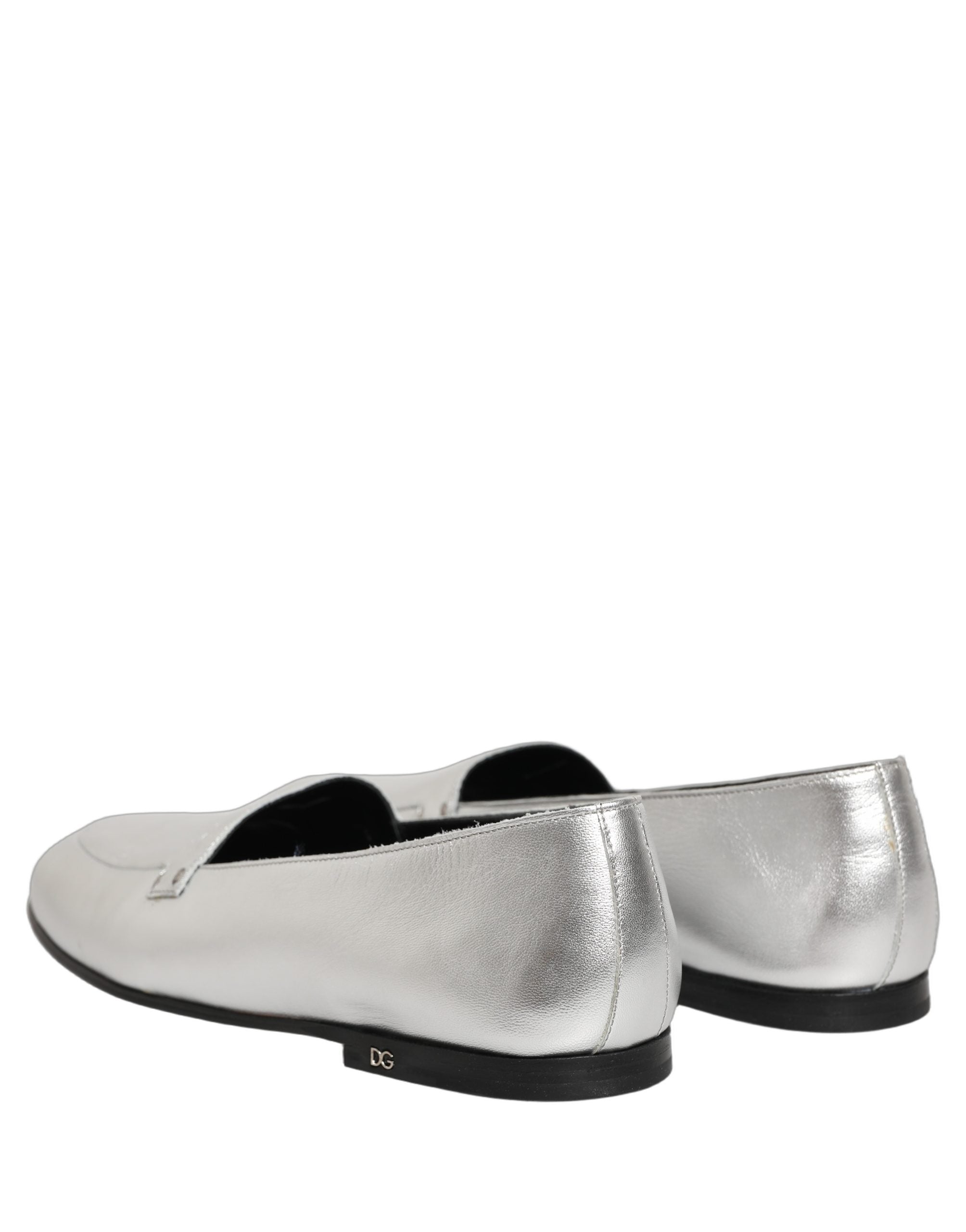 Dolce & Gabbana Silver Leather DG Logo Slip On Loafers Shoes Dolce & Gabbana