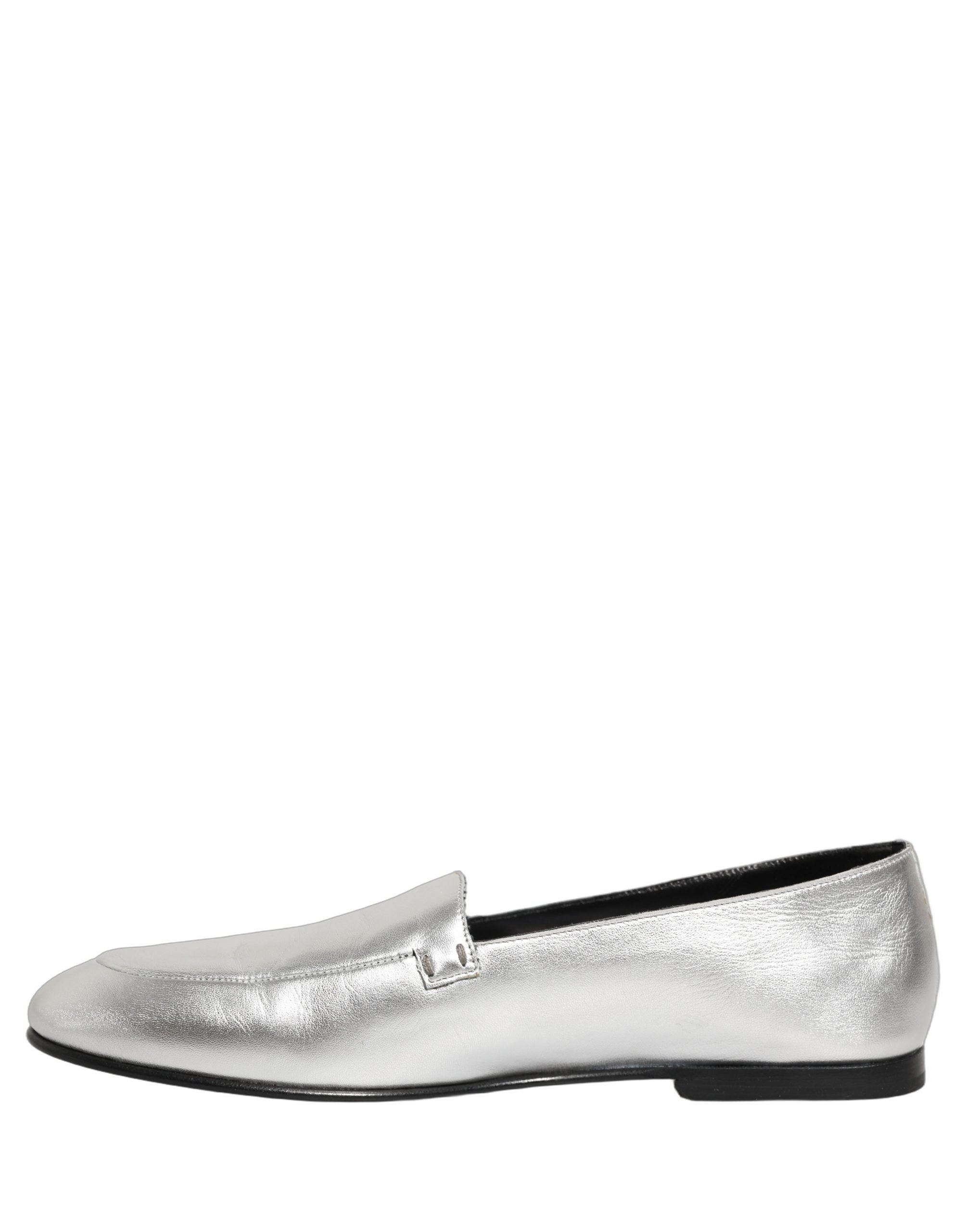 Dolce & Gabbana Silver Leather DG Logo Slip On Loafers Shoes Dolce & Gabbana
