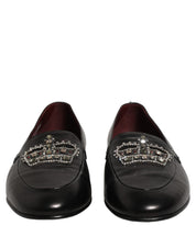 Black Leather Crown Embellished Loafers Shoes