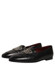 Black Leather Crown Embellished Loafers Shoes