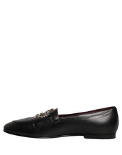 Black Leather Crown Embellished Loafers Shoes