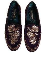 Violet Velvet Floral Embroidery Loafers Shoes