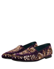 Violet Velvet Floral Embroidery Loafers Shoes