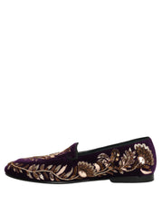 Violet Velvet Floral Embroidery Loafers Shoes