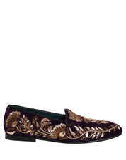 Dolce & Gabbana Violet Velvet Floral Embroidery Loafers Shoes