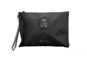Versace Large Black Nylon Fabric Medusa Convertible Pouch Clutch Wristlet Bag