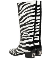 Black White Zebra Knee High Men Boots Shoes