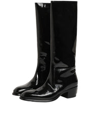 Black Leather Knee High Heels Boots Shoes