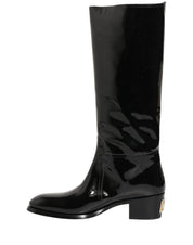 Black Leather Knee High Heels Boots Shoes