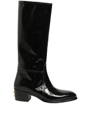 Black Leather Knee High Heels Boots Shoes