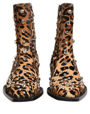 Brown Leopard Embellished Mid Calf Men Boots Shoes