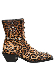 Brown Leopard Embellished Mid Calf Men Boots Shoes