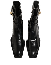 Black Leather DG Plaque Mid Calf Boots Shoes