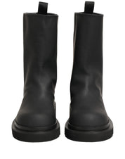 Black Leather Mid Calf Chunky Men Boots Shoes