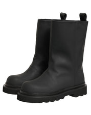 Black Leather Mid Calf Chunky Men Boots Shoes