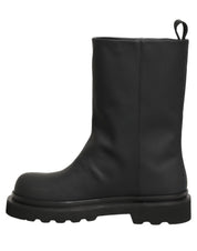 Black Leather Mid Calf Chunky Men Boots Shoes