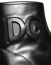 Black Leather Embossed Logo Ankle Boots Shoes