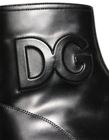 Black Leather Embossed Logo Ankle Boots Shoes