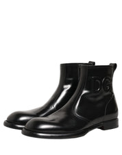 Black Leather Embossed Logo Ankle Boots Shoes