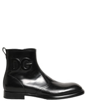Dolce & Gabbana Black Leather Embossed Logo Ankle Boots Shoes