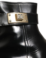 Black Leather Logo Buckle Mid Calf Boots Shoes