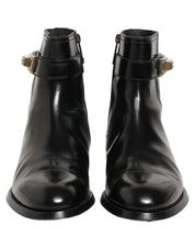 Black Leather Logo Buckle Mid Calf Boots Shoes