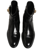 Black Leather Logo Buckle Mid Calf Boots Shoes