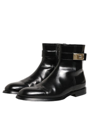Black Leather Logo Buckle Mid Calf Boots Shoes